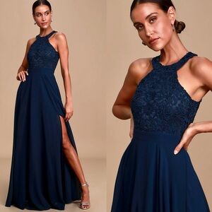 Lulus Picture Perfect Navy Blue Lace Maxi Dress | Small